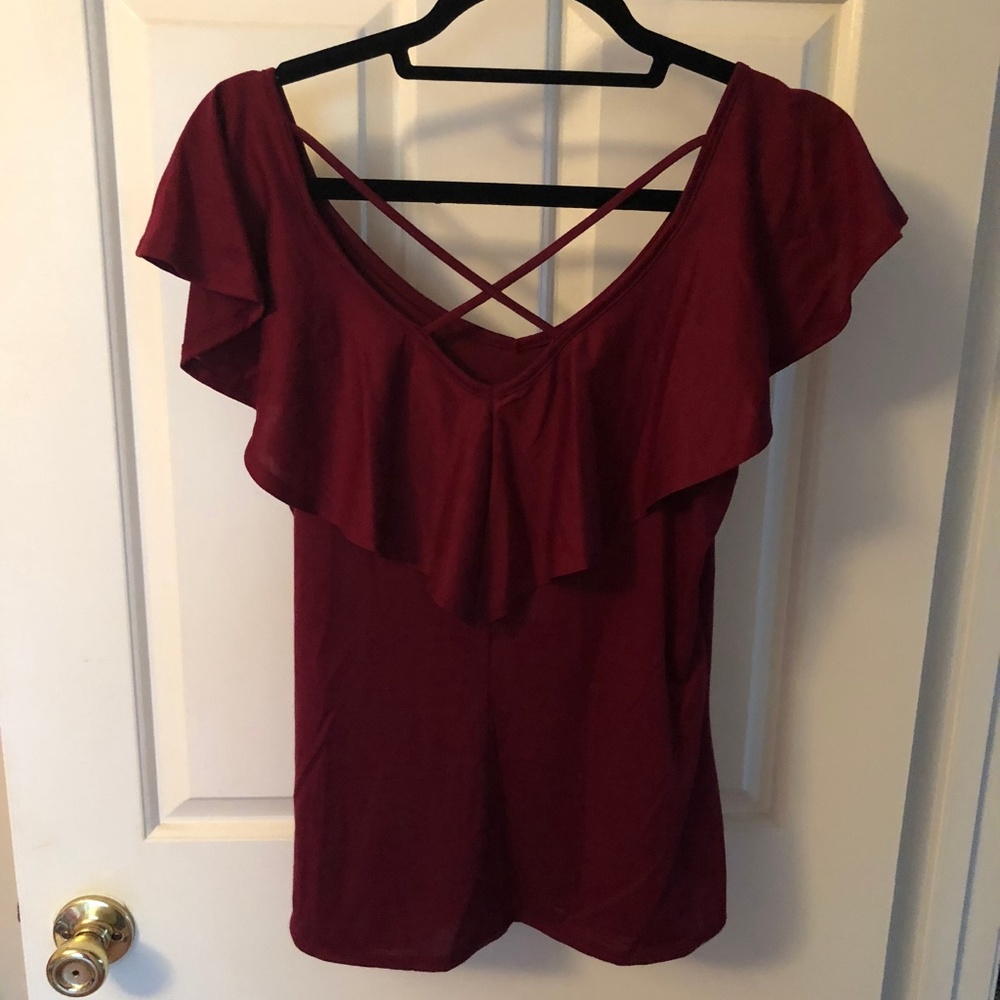 Ruffled Burgundy Knit Top Crossback Design Size L